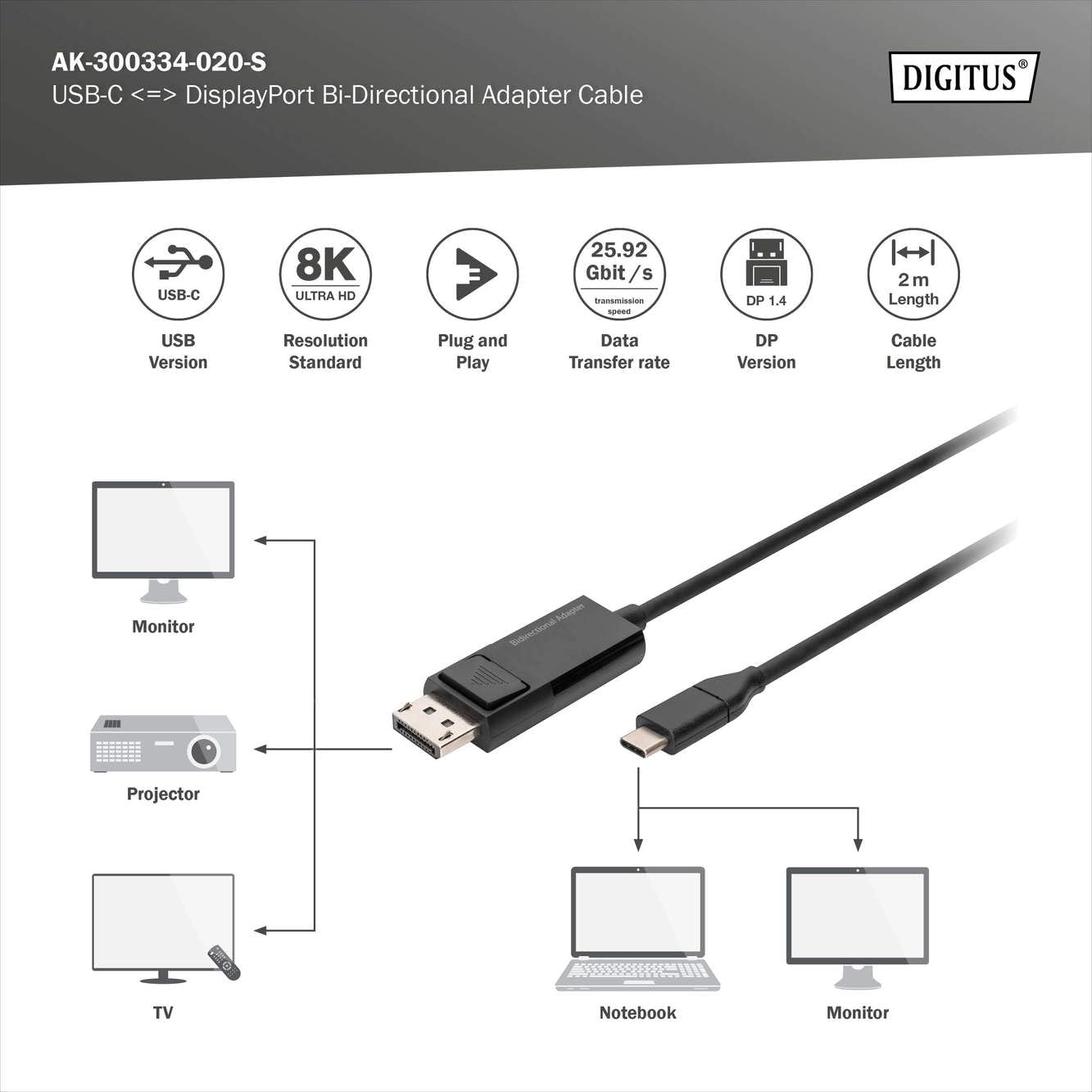 Digitus USB Type-C to DisplayPort BidireKtional Max. Resolution 8K@30Hz, Length: 2m, Black