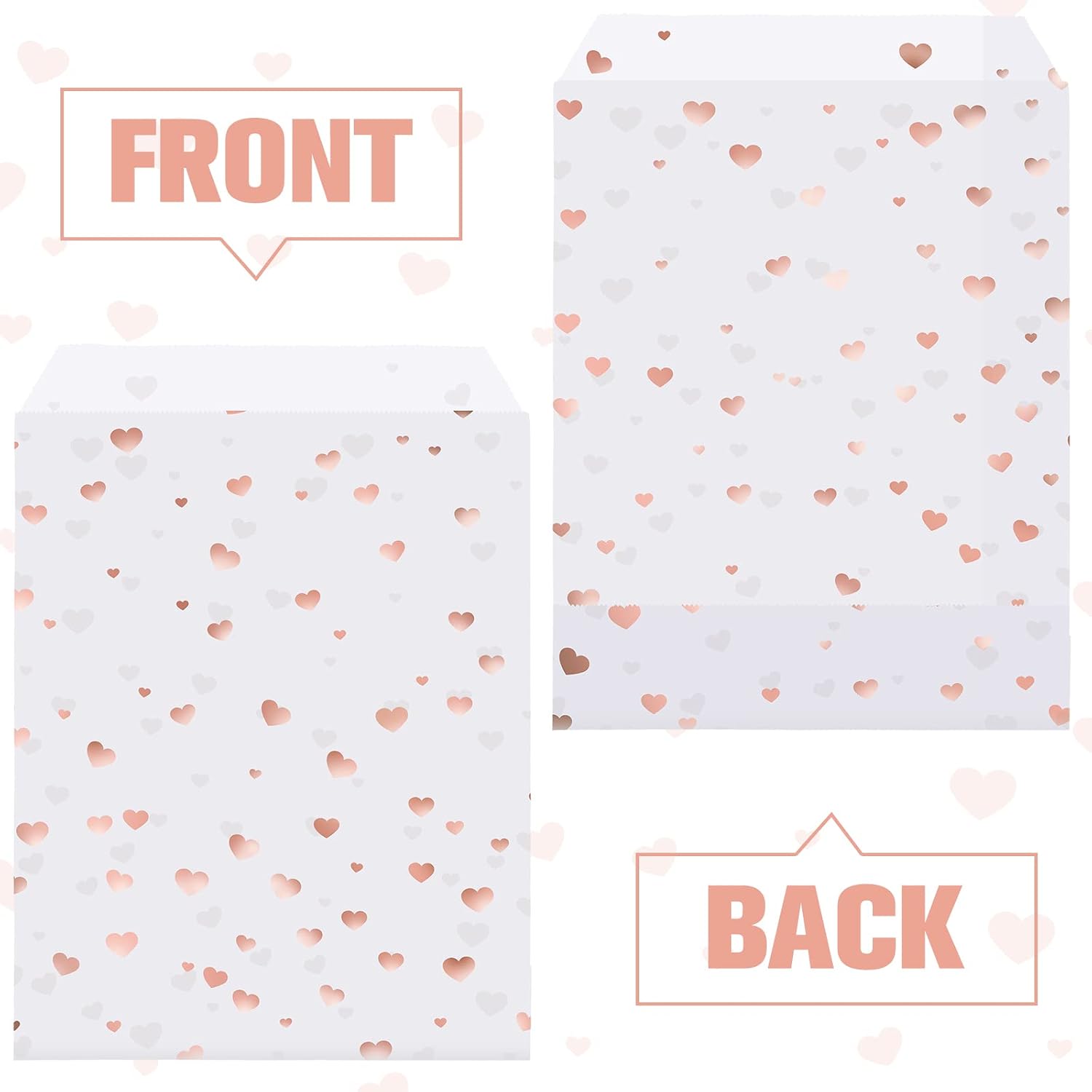 Sepamoon 200 Pcs Rose Gold Heart Paper Bags, White Bakery Cookie Treats