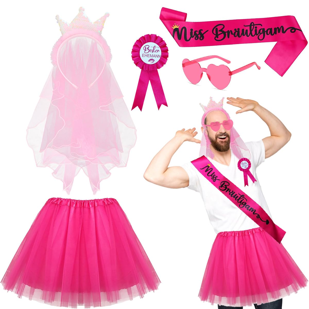LGZIN Hombres JGA Disfraz Rosa, Disfraces Despedida Soltero Hombre, 5 Piezas JGA Decoración Accesorios, Stag Party Hombres Disfraz, Para JGA Fiesta