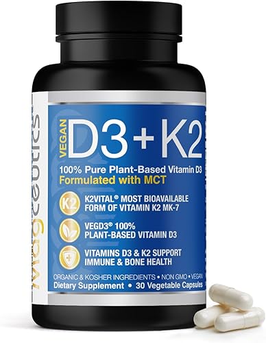 Magceutics VegD3+K2Vital tiene 5000 ui de vitamina D3 VegD3 y 100 mcg de vitamina K2Vital K2, fórmula a base de plantas, ingredientes orgánicos
