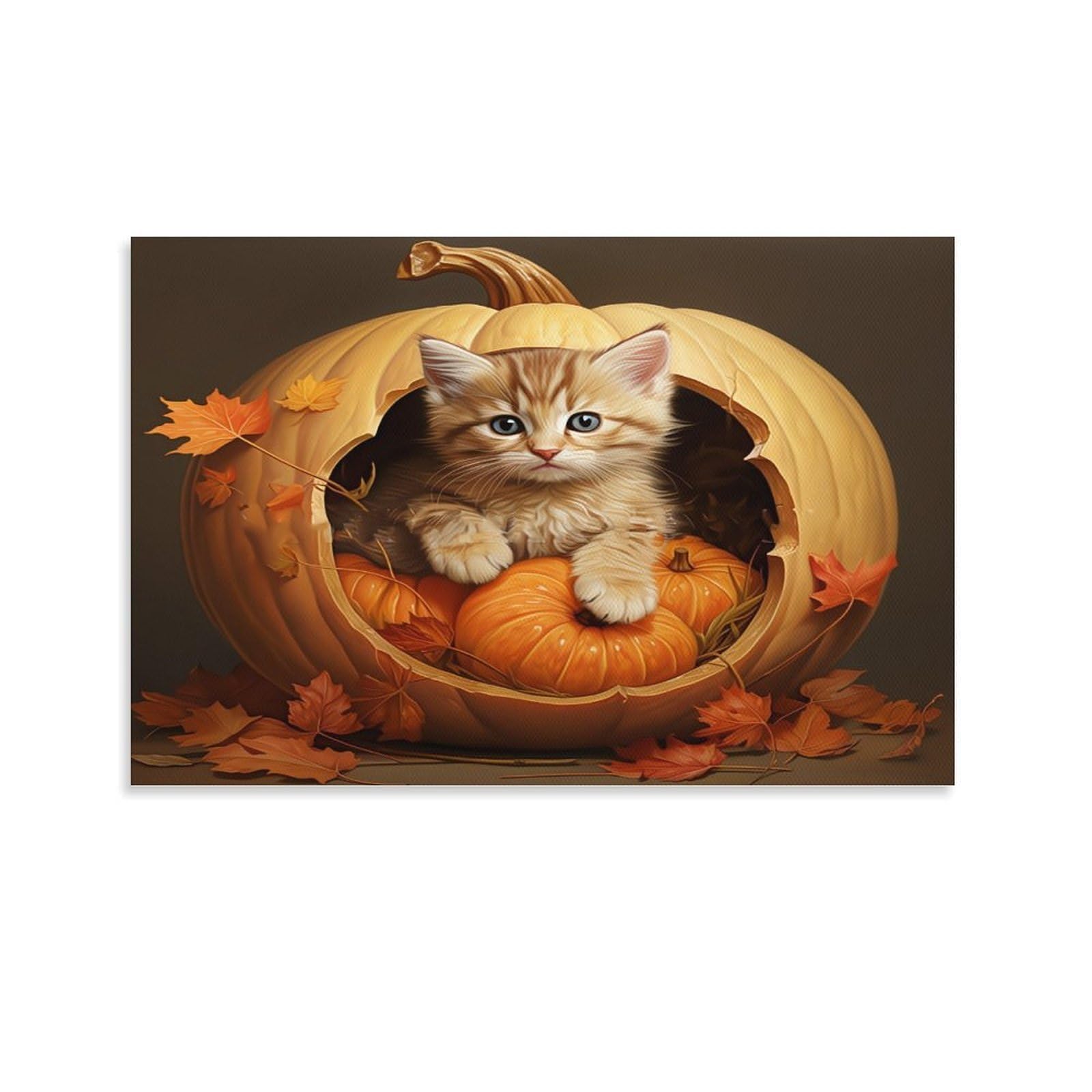 CPLVKWRQJ Cute Kitten in Pumpkin Single Ginger Kitten Pumpkin Autumn Canvas Wall Decor - Kitchen Removable Wall Art Multi-Purpose Focal Point Decor 20x30inch(50x75cm)