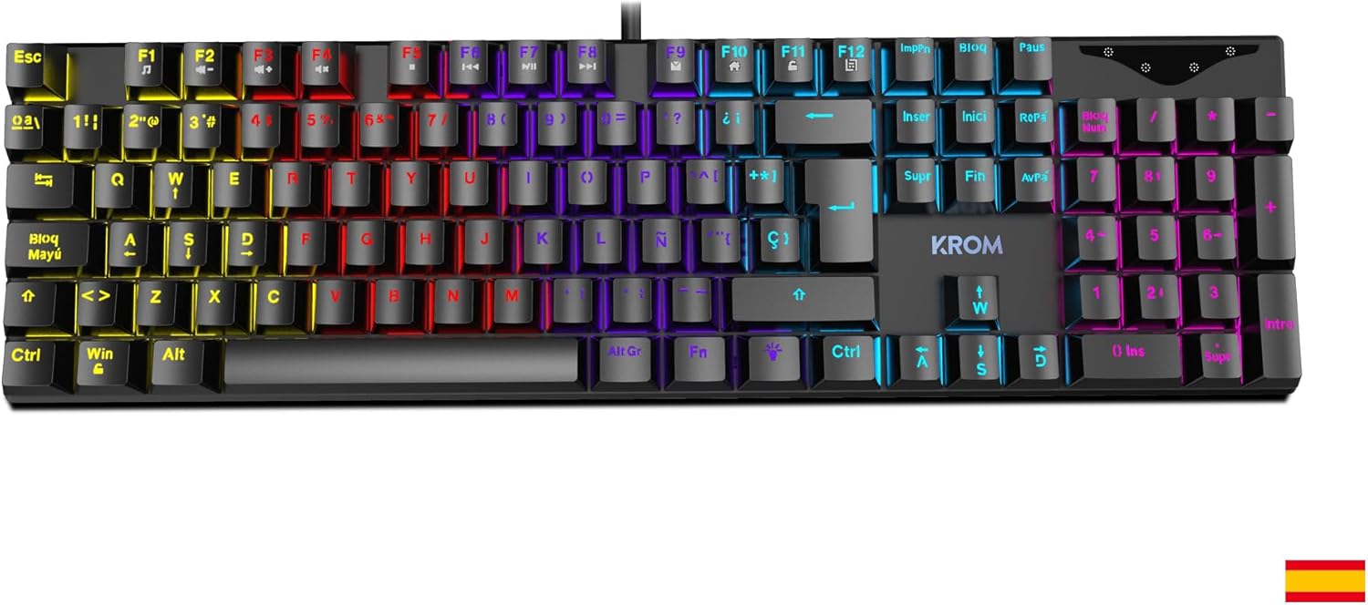 KROM KASIC – Teclado mecánico Gaming RGB con switches Rojos, Layout español, retroiluminación Rainbow, 25 Teclas Anti-ghosting y 12 Multimedia, Modo Juego, conexión USB – Negro 3