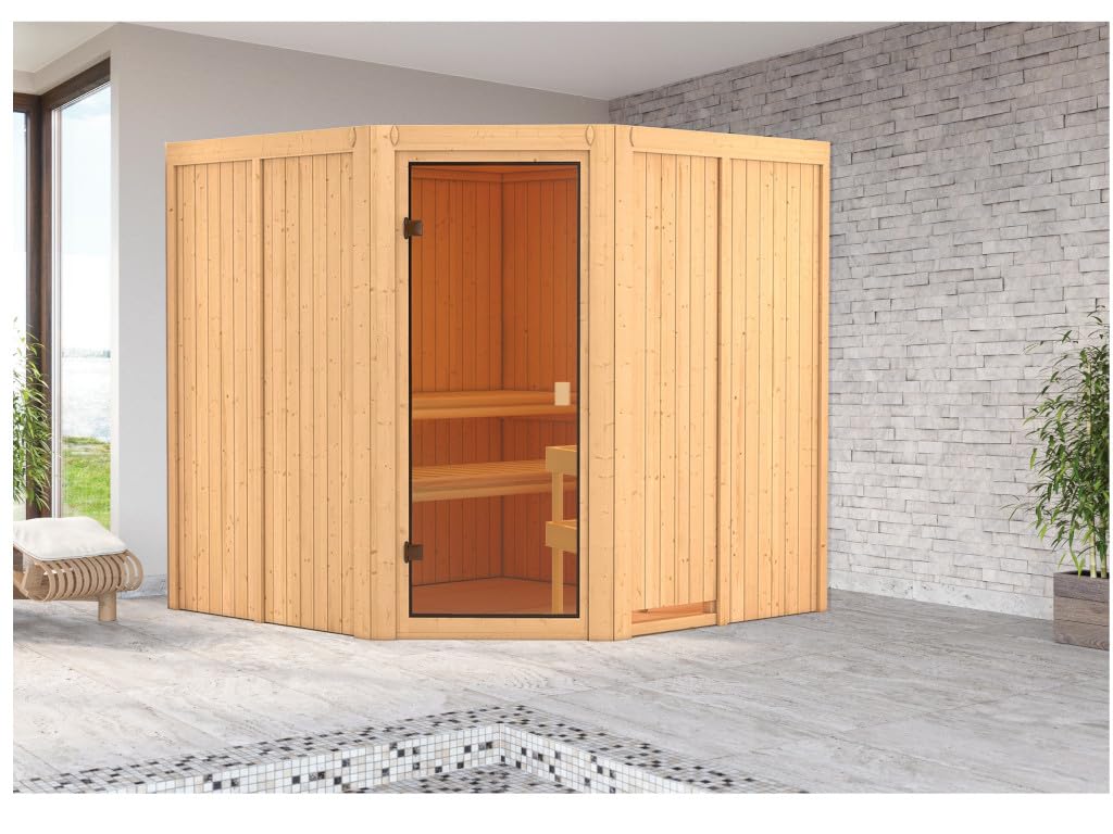 KARIBU Elementsauna Celine 3 Fichte 68 mm, Innensauna für 2 3 Personen, Systembauweise mit bronzierter Ganzglastür, 3 Liegen, Ofenschutzgitter, energiesparend, Ohne Dachkranz, 198 x 121.5 x 73 cm
