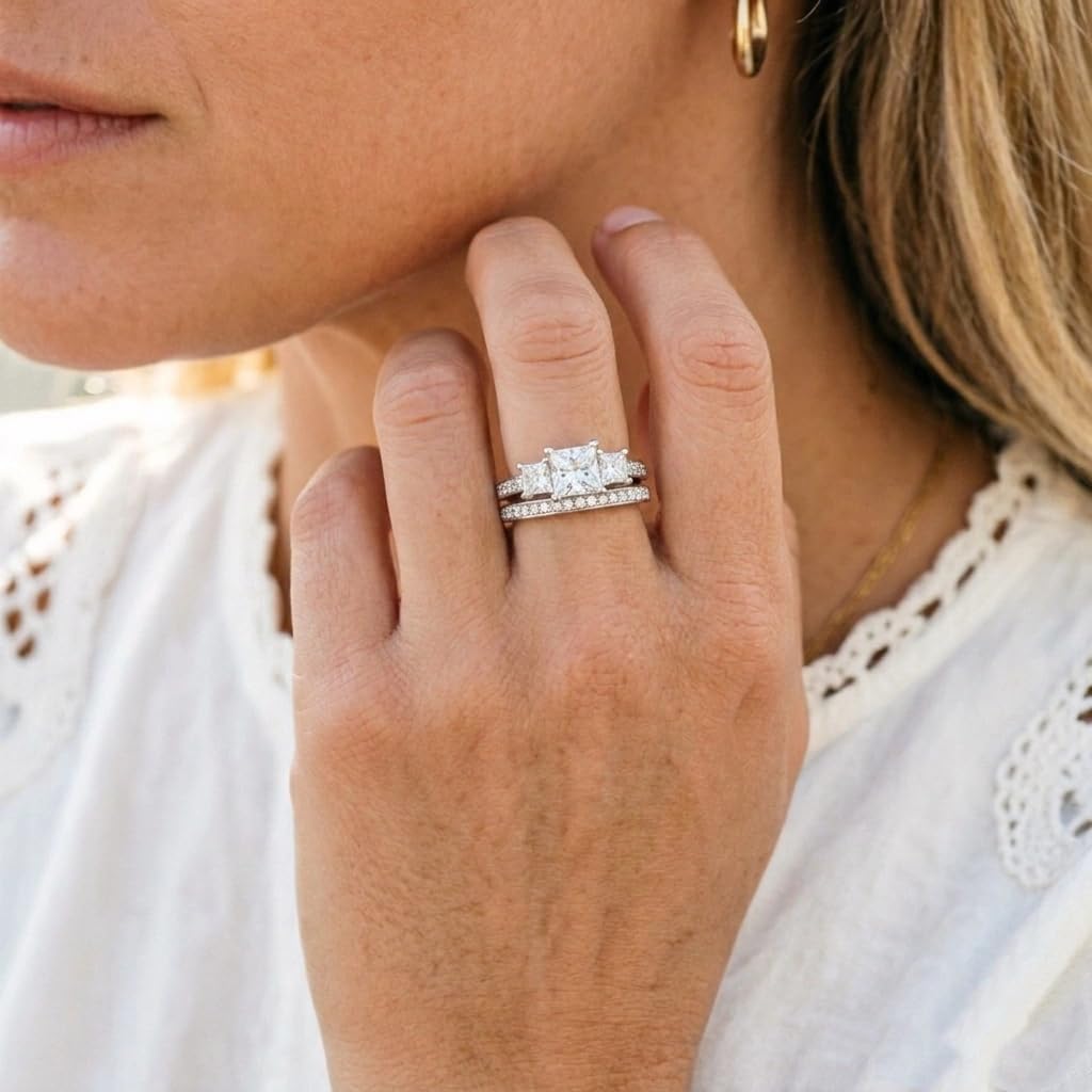 Princess Cut Wedding Ring Set for Women Platinum Plated Silver 3 Stone Moissanite Bridal Ring Set Engagement Ring Set Anniversary Promise Rings for Her