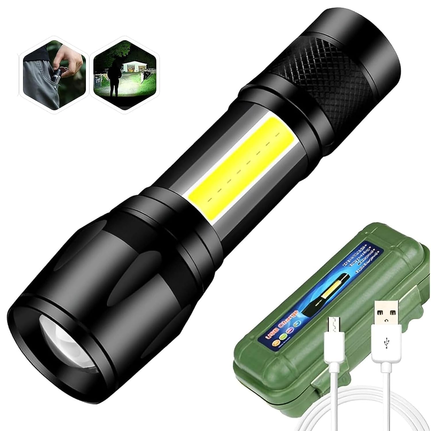 VENEKETY Emergency Lights Rechargeable Mini Torch Portable Flashlight, Ultra-Brightest Small Handheld Pocket Light with COB Side Lantern, High Powered Travel Torch for Camping, Fishing & Travelling (B0CLGTN5BV) Amazon Price History, Amazon Price Tracker