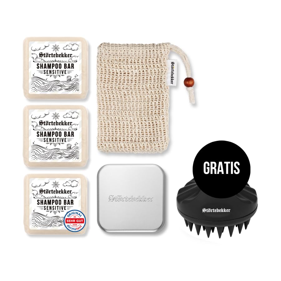 Störtebekker® Zestaw prysznicowy klasy premium, mocny szampon Sensitiv o neutralnym pH (x3), woreczek sizalowy, puszka z aluminium + gratis pędzel do skalp – zestaw szamponu do włosów i skóry głowy