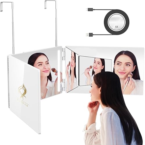 Miniatura 9 de GLDDAO Espejo de 3 vías para corte de pelo automático con luces recargable 360 espejos de peluquería triples LED espejo de maquillaje iluminado para