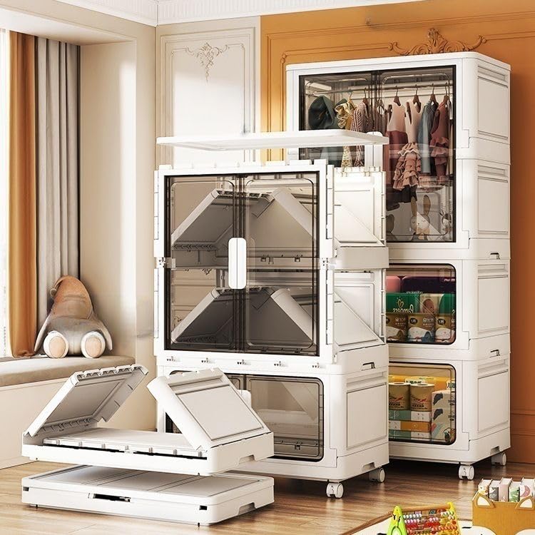 Image of EXVITO Modular Plastic Wardrobe for Bedroom | 3 Tier+1 Bins Foldable Cupboard with Hanging Rod | Stackable Storage Almirah for Clothes with Wheels | Multi-Layer Plastic Storage Cabinet - White
