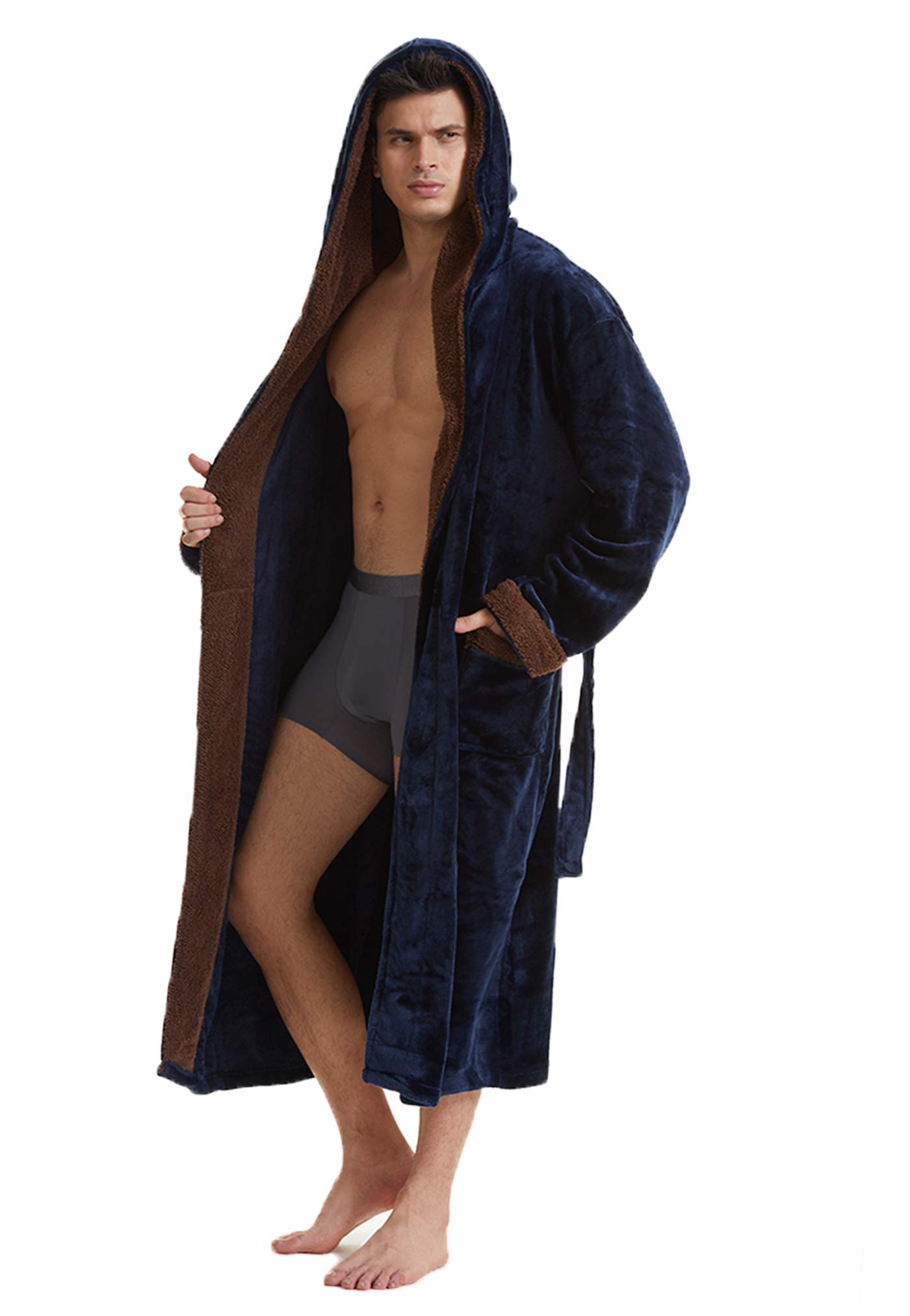 SWEET RABBITMens Long Robes with Hood Full Length Hooded Bathrobe Fleece Plush Fluffy Housecoat Nightgown