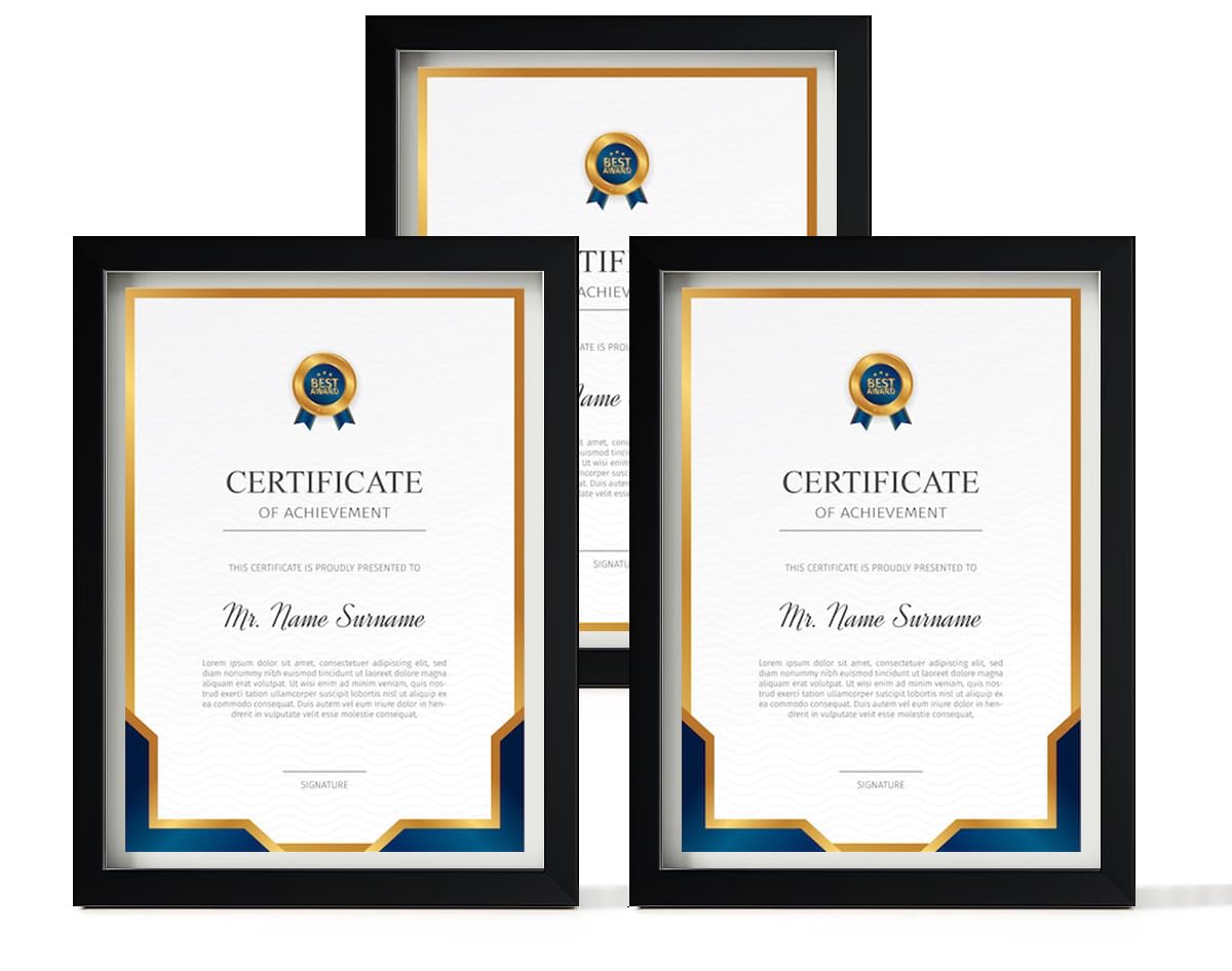 3x Pack A4 PICTURE PHOTO FRAMES STYRENE FRONT CERTIFICATE FRAME 21 X 29.7CM WALL MOUNTABLE OR TABLETOP PHOTOS DISPLAY HOME OFFICE DÉCOR DOCUMENT FRAME (Black)