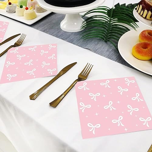 Miniatura 5 de 100 piezas de suministros para fiesta de cumpleaños con lazo rosa, juego de vajilla de lazo rosa de 9 y 7 pulgadas, platos de lazo rosa, tazas con