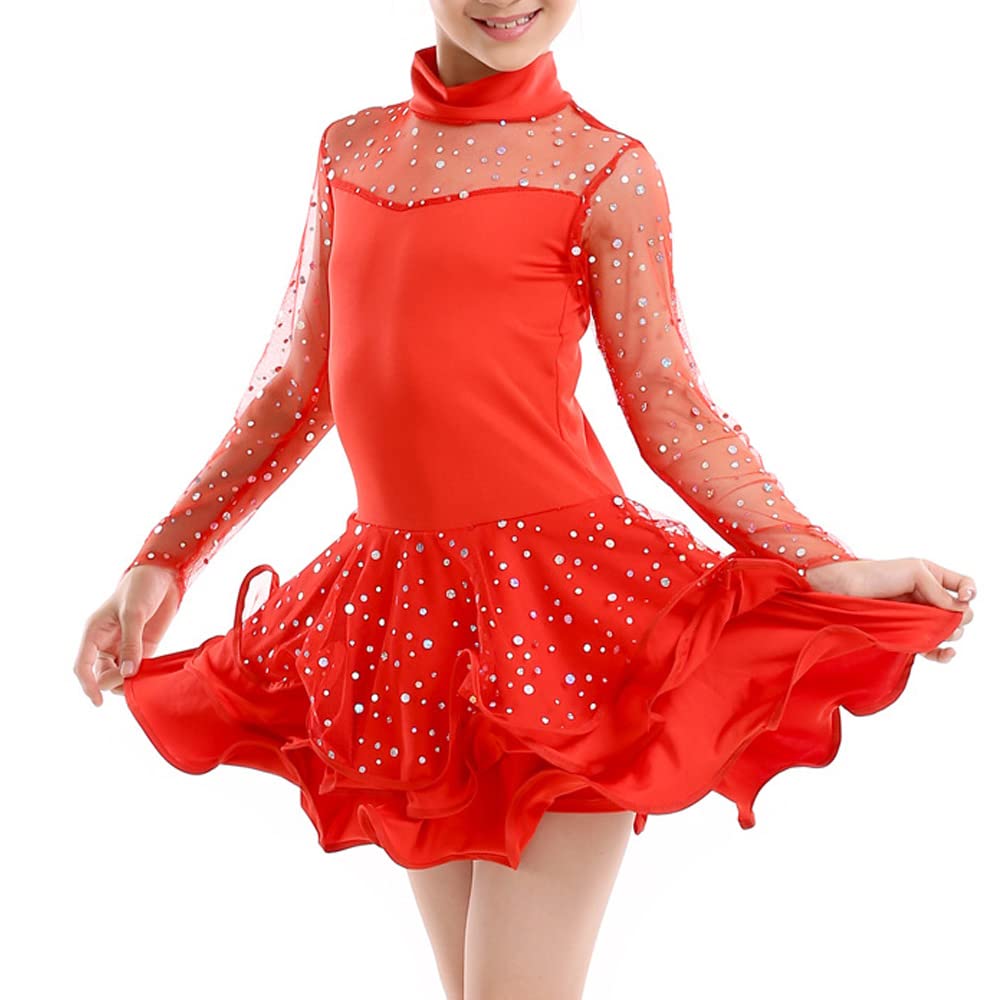 Libaobaoyo Girls Sequin Mesh Latin Costume Ballroom Long Sleeve Ruffle Dance Dress Red