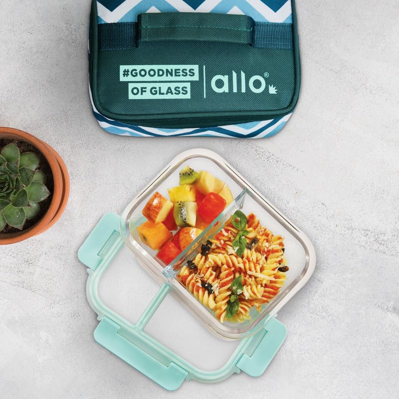 Allo FoodSafe - Lonchera de vidrio con compartimento para alimentos con cierre desmontable sin roturas, apto para horno y microondas, recipiente de vidrio de borosilicato con divisor de división,