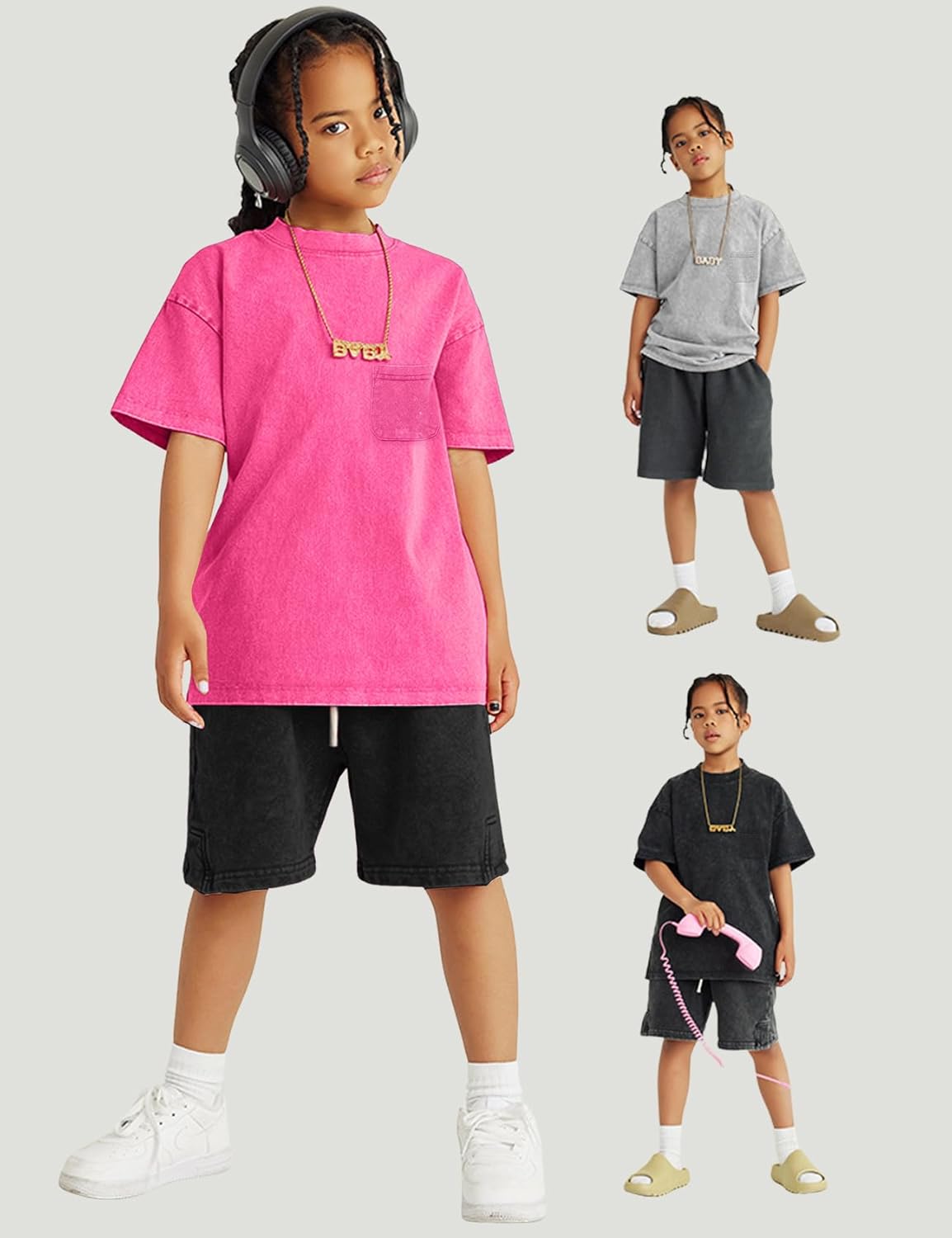 Yimoon 3 Pack Boys Tshirts Kids Oversized T Shirts Cotton Acid Wash Loose Fit T-Shirts Basic Tee Shirts 5-12Y