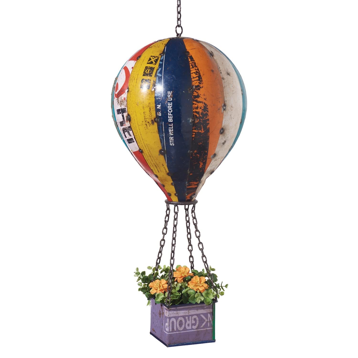 ART & ARTIFACT Hot Air Balloon Planter - Hanging Flower Pot Sculpture, Repurposed Scrap Metal Home Decor
