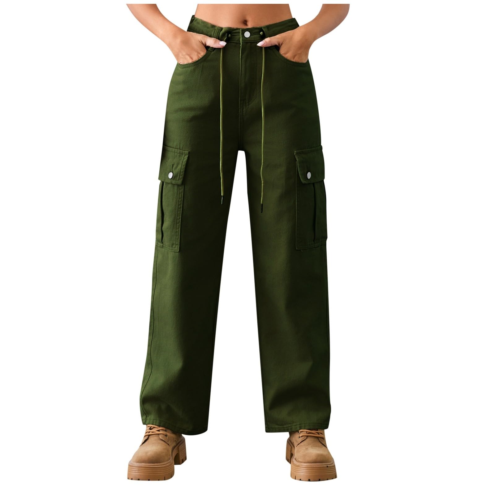 Generisch Sporthose Damen Einfarbige Damen-Jeans mit Kordelzug, verstellbare Gewaschene Cargohose, Freizeithose (Army Green, XL)