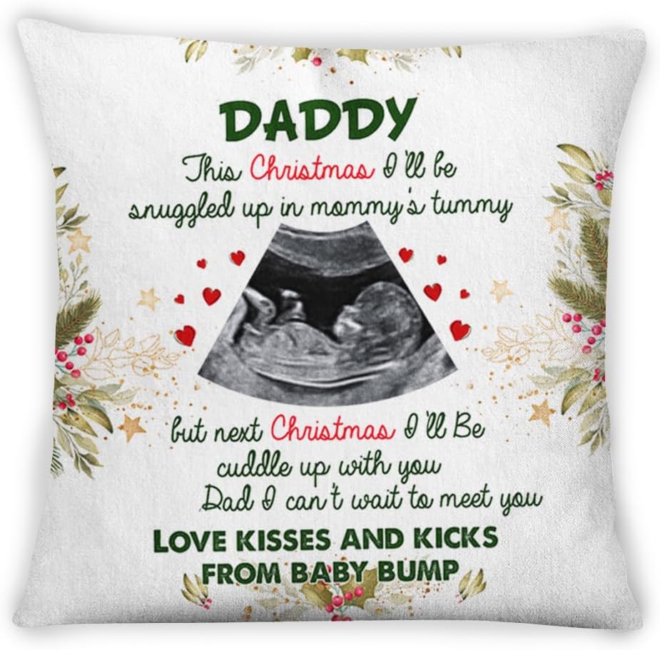 Personalized Square Pillow for Dad to Be New Dad from Baby Bump New Mom New Dad Gifts Ultrasound I Can't Wait to Meet You Cute Custom Name Photo Double Sided Couch Cushion On Christmas