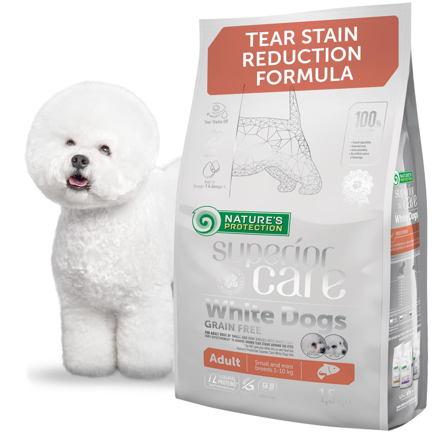 Nature's Protection Superior Care Grain Free Dry Dog Food for Small Adult White Dogs - Hypoallergenic Dog Food with Salmon, Omega 3 & 6 - Reduces Tear Stains, Promotes Healthy Skin & Coat, 1.5kg โ image 1
