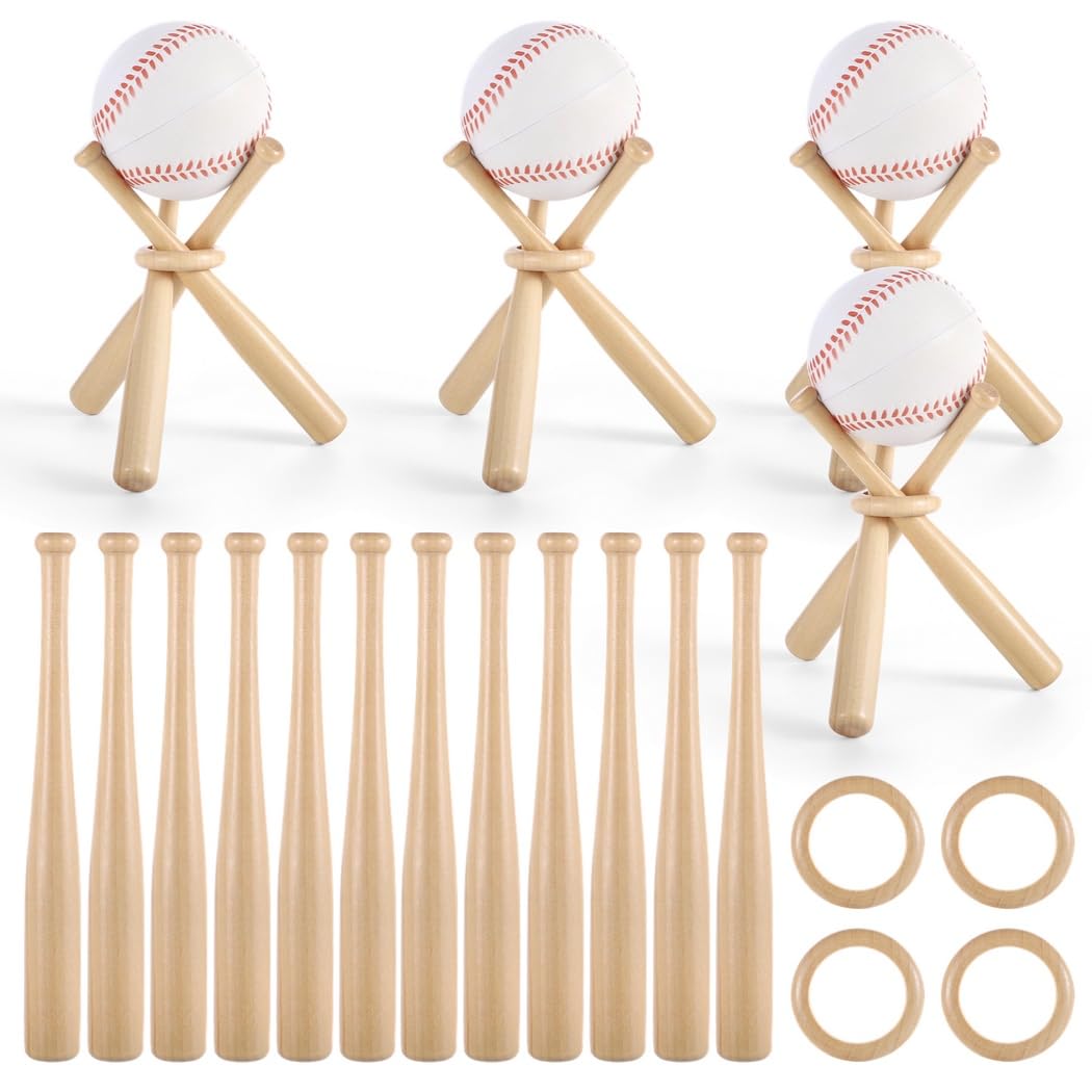 Generisch Zestaw 4 mini stojaków na kije baseballowe z drewna, zawiera 12 mini kijów baseballowych i 4 drewniane pierścienie, urocze uchwyty na wyświetlacz do softballu i baseballu, do użytku domowego