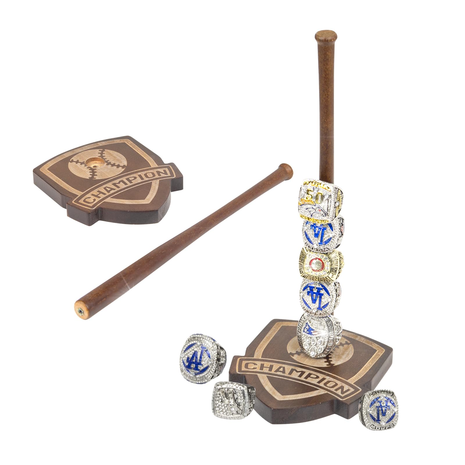 Wooden Baseball Ring Holder,Championship Ring Display Holder,Softball Ring Holder,Sports Ring Holder,Engraved with Delicate Patterns and Words.Holds 15 Rings