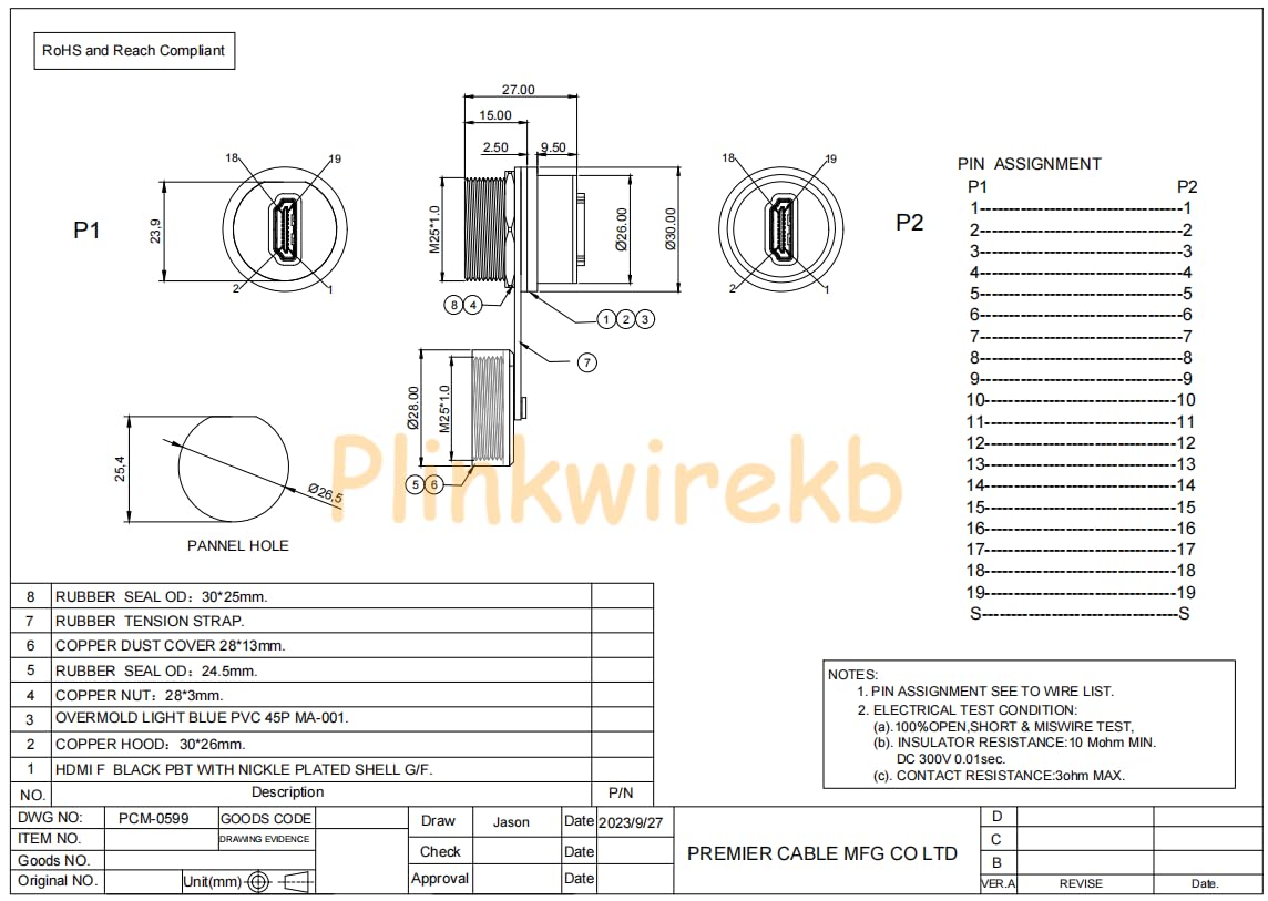 Connecteur HDMI femelle vers femelle étanche IP67 pour montage sur panneau