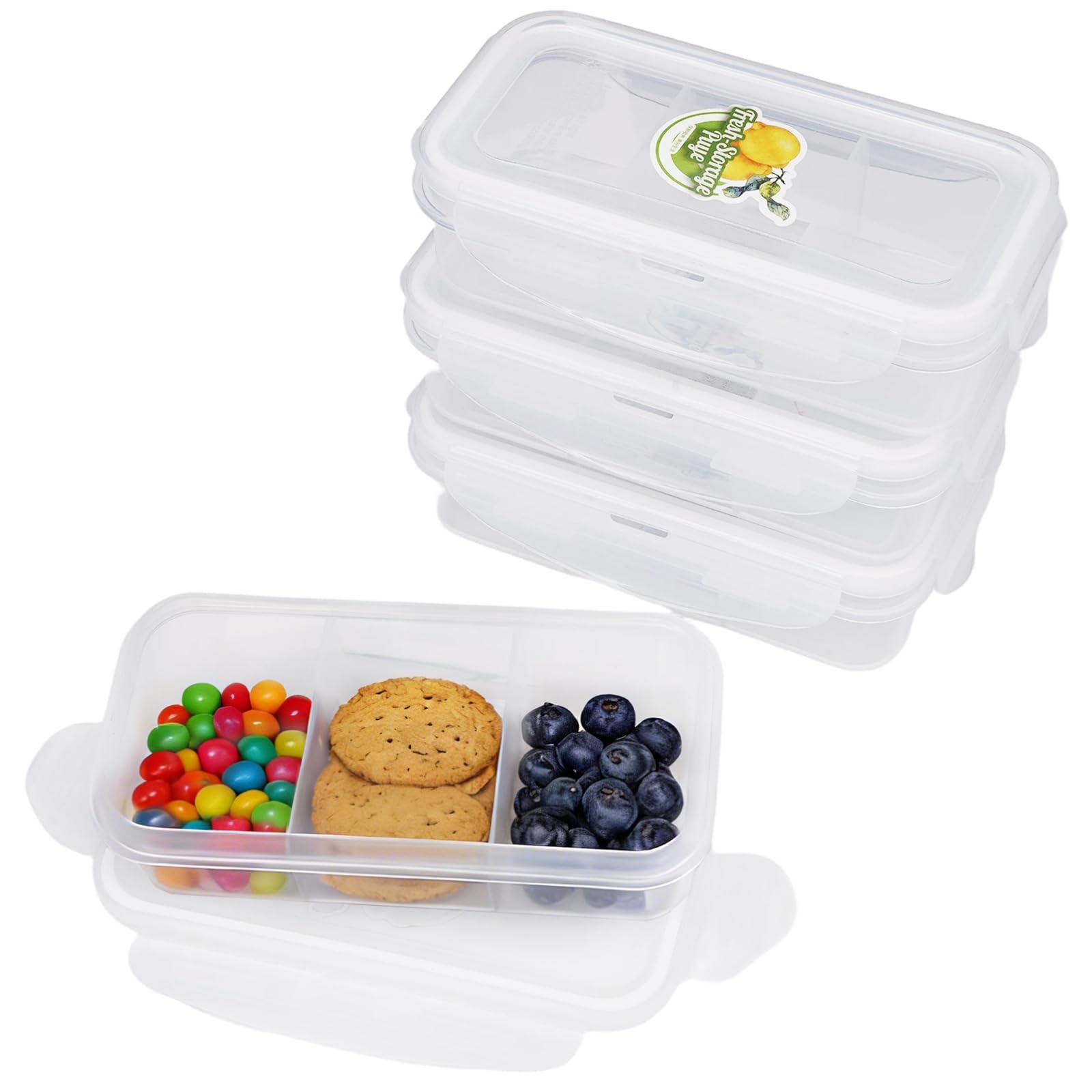 shopwithgreen 3 Compartment Snack Boxes, 14 oz Air-Tight Leak-Proof Snackle Containers with Lids, Reusable BPA-free Food Storage for School, Travel, Picnic, 4 Pack