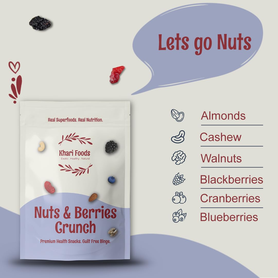 Khari Foods Nuts Berries Snack Trail Mix, 6 in 1 Mix of Almonds, Cashews, Pumpkin Seeds, Dried Cranberries, Blueberries, Black Raisins, High Energy Dry Fruit Snacks, No Palm Oil (100g) 4