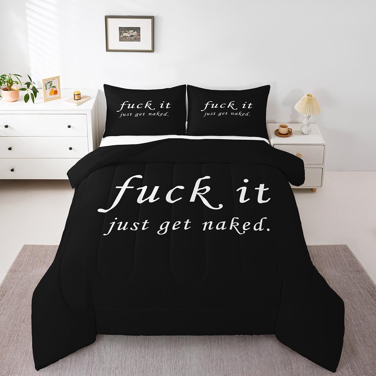 Feelyou Funny Comforter Twin Size, Get Naked Comforter Set Couple Lover Comforter Set Romantic Black and White Creative Words Duvet Set Bed Set 2Pcs