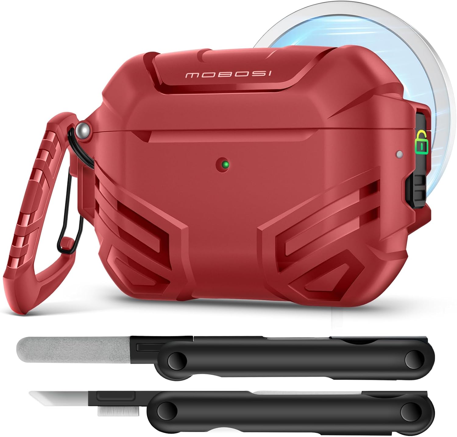 MOBOSI for AirPods Pro 3 Case with Lock, Compatible with AirPod Pro 3rd Generation Case [Compatible with MagSafe], Military Grade Protective Cover with Cleaner Kit & Keychain for Men(2025), Red Magnetic Red Airpods Pro 3 Case (2025)