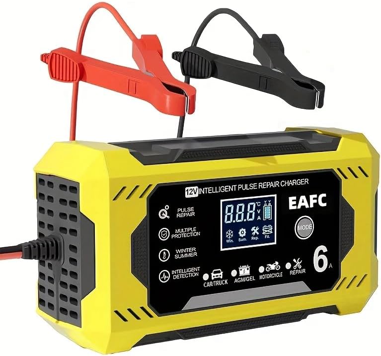 EAFC 12V 6A Smart Battery Charger (yellow unit) with red and black clamps connected to a battery.