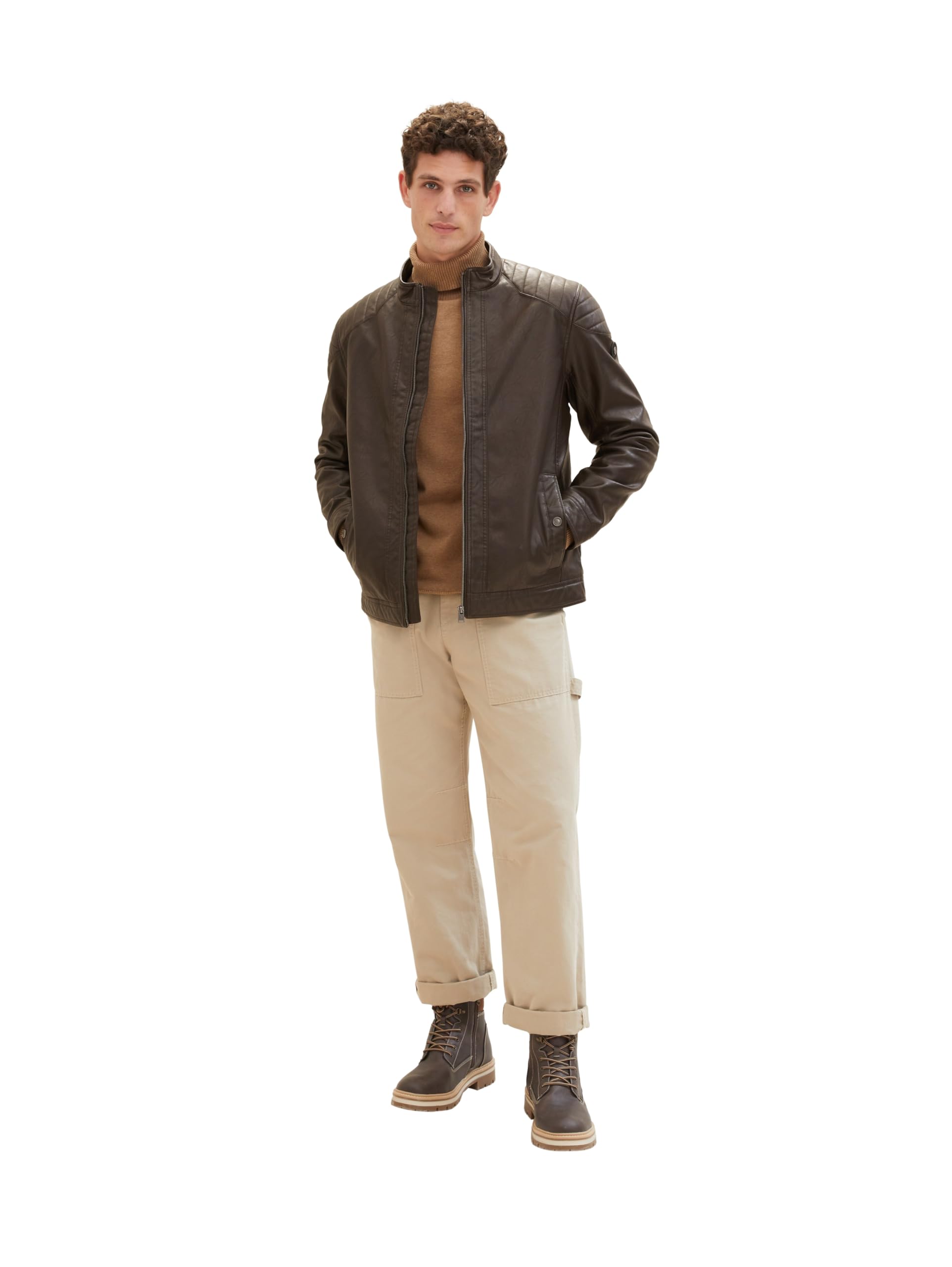 TOM TAILOR Męskie Kurtka motocyklowa ze sztucznej skóry 1026337, 31523 - Espresso Brown Fake Leather, S
