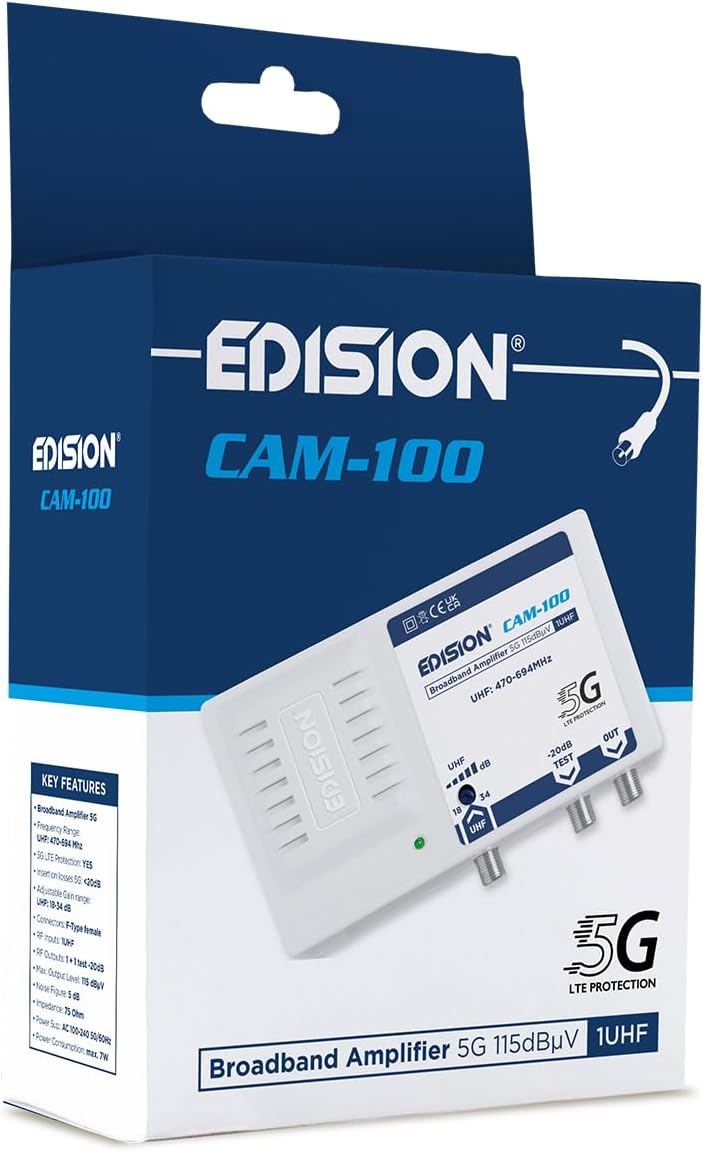 EDISION CAM-100 TV Antenna Amplifier in its retail packaging.