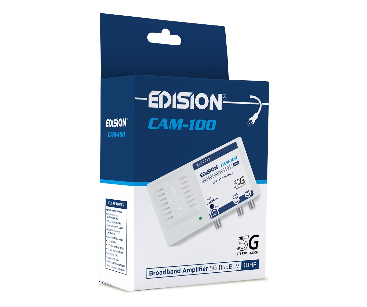 EDISION CAM-100 Amplificatore Antenna TV, Centrale Banda Larga, 1UHF, 18-34db Regolabile, 115dBmV, per Digitale Terrestre DVB-T/T2, con filtro 5G LTE, UHF 470-694Mhz
