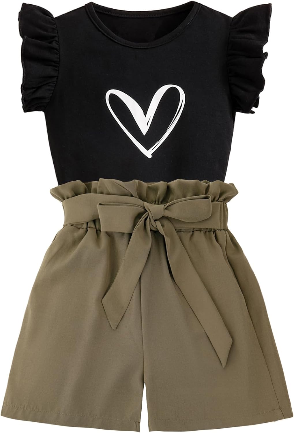 Girls' 2 Pieces Outfits Cute Ruffle Sleeve Top and High Waisted Striped Shorts Set