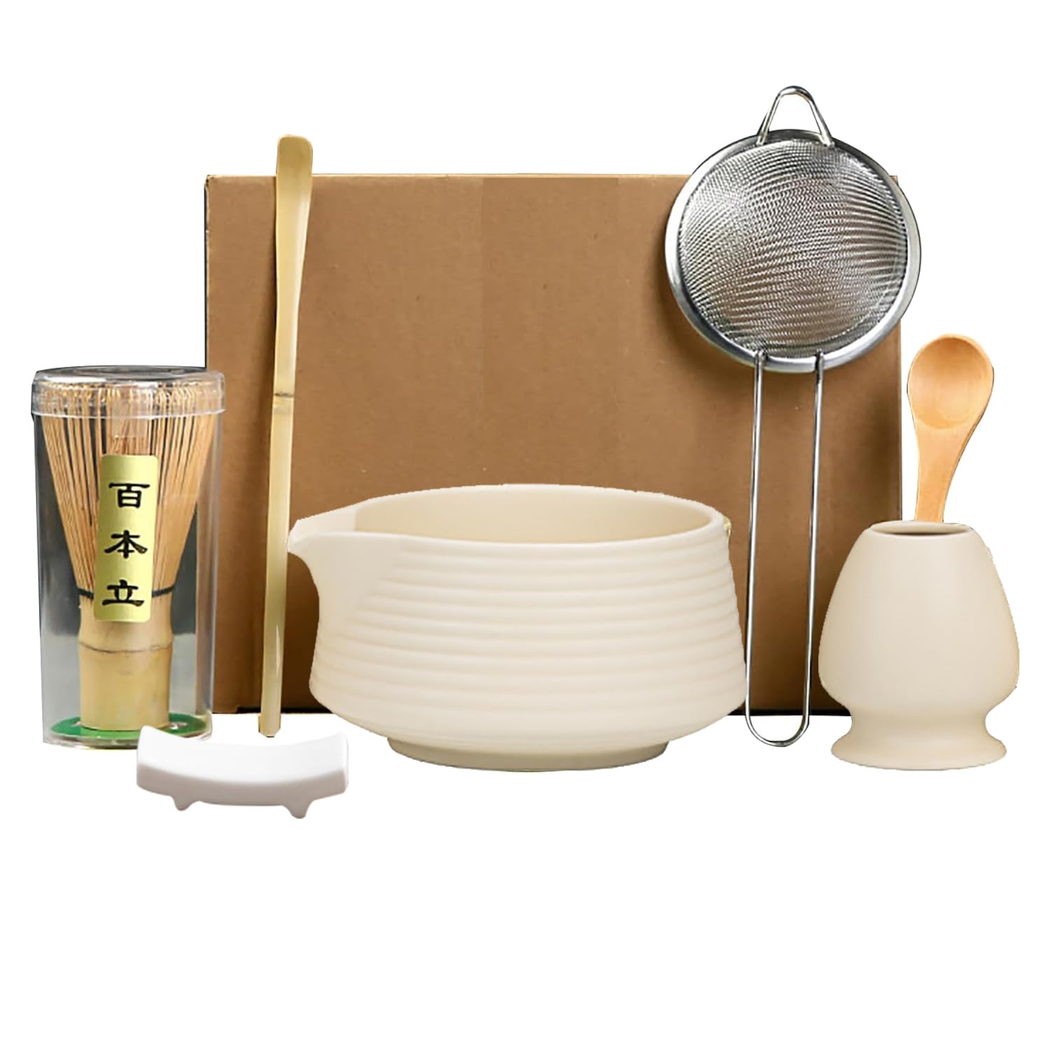 Matcha Tea Set Beige Weiß,7 Piece Matcha Besen Set, with Matcha Whisk, Matcha Broom,Matcha Schale,Matcha Bowl with Spout,Matcha Besen Halter,Bamboo Spoon,Perfect Matcha Starter Set,Japanisches Tee-Set