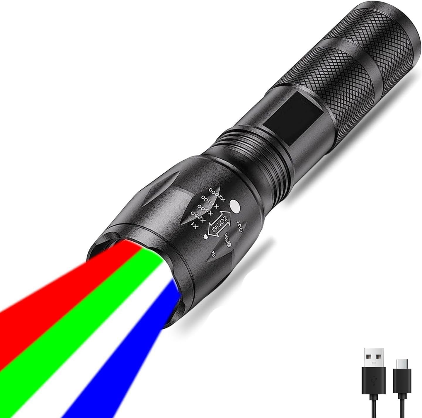 Pocketman Multicolor LED Flashlight Rechargeable Red Flashlight 4 in 1 White Light and Blue Lights and Green Lights Suitable for Outdoor Night Fishing Camping Hiking