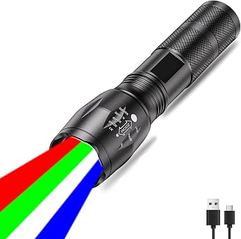 Pocketman Multicolor LED Flashlight Rechargeable Red Flashlight 4 in 1 White Light and Blue Lights and Green Lights Suitable for Outdoor Night Fishing Camping Hiking