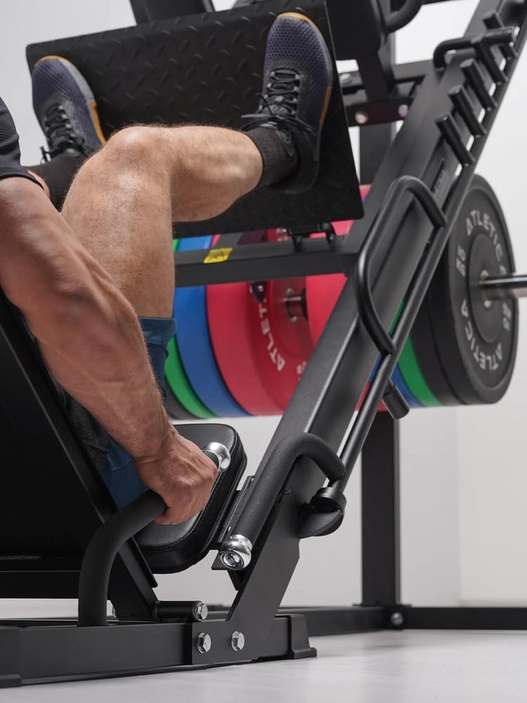 Close-up of the footplate and safety handles on the Atletica Hackenschmidt Combo 2-1 machine.