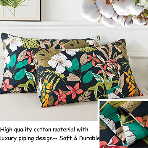 Fadfay Floral Bedding Set 100% Cotton Dark Flower Duvet Covers Queen Size Soft Black & Red Botanical Palm Tree Leaf Comforter Cover Tropical Hawaii Home Girls Bed Sets Zipper Corner Ties 3 Pieces #TOP4