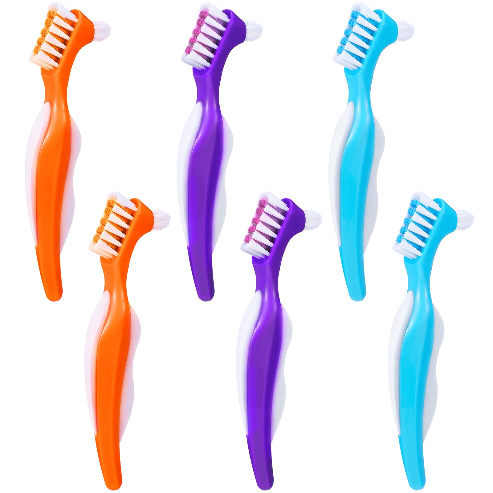 6 Pack Denture Cleaning Brush Dual Head Portable Denture Toothbrush Hard Double Sided Multi-Layered Bristles False Teeth Toothbrush for Care Clean Clear Brace Mouth Guard(Blue Orange Purple,Angled)-picture-46