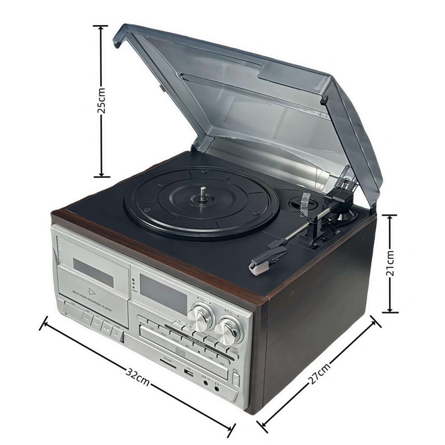 Sistema di intrattenimento retrò 10 in 1 con Bluetooth, lettore di cassette, giradischi in vinile, telecomando, altoparlanti integrati per uso domestico e ufficio