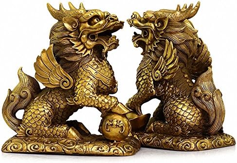 Miniatura 2 de Feng Shui - Juego de dos estatuas de prosperidad de latón dorado Chi LinKylin, decoración del hogar, atrae riqueza y buena suerte