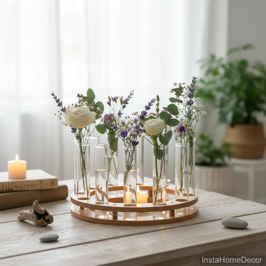 LABZIO Round Wooden Test Tube Flower Vase for Table Top with Borosilicate 3.3 Glass Tubes | Hydroponic Plant Holder | Wooden Stand Decorative Vase for Living Room, Dining Table,Office Desk,Home Decor 3
