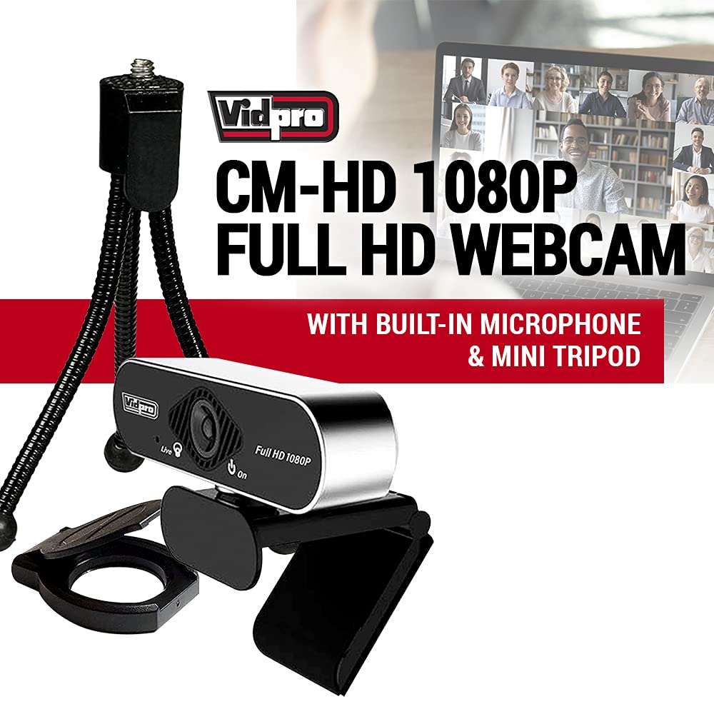 Vidpro cámara web en HD con micrófono y trípode 1080P Full HD USB para ordenador web Plug and Play para videoconferencias Zoom Reuniones Transmisión de videojuegos. Funciona con Windows Mac Android
