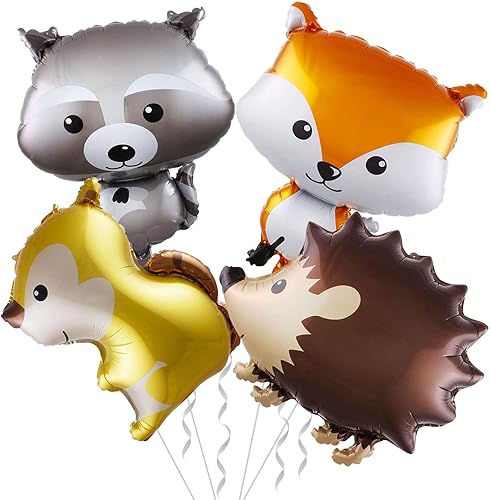 Paquete de 4 globos gigantes de 25 pulgadas con diseño de animales del bosque de la selva, lindos globos de zorro, ardilla, erizo, mapache, para