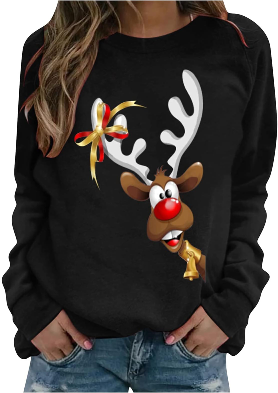UNIPIN Ugly Christmas Sweater for Women Funny Gnome Reindeer Graphic Plaid Splicing Long Sleeve Trendy Tops Pullover