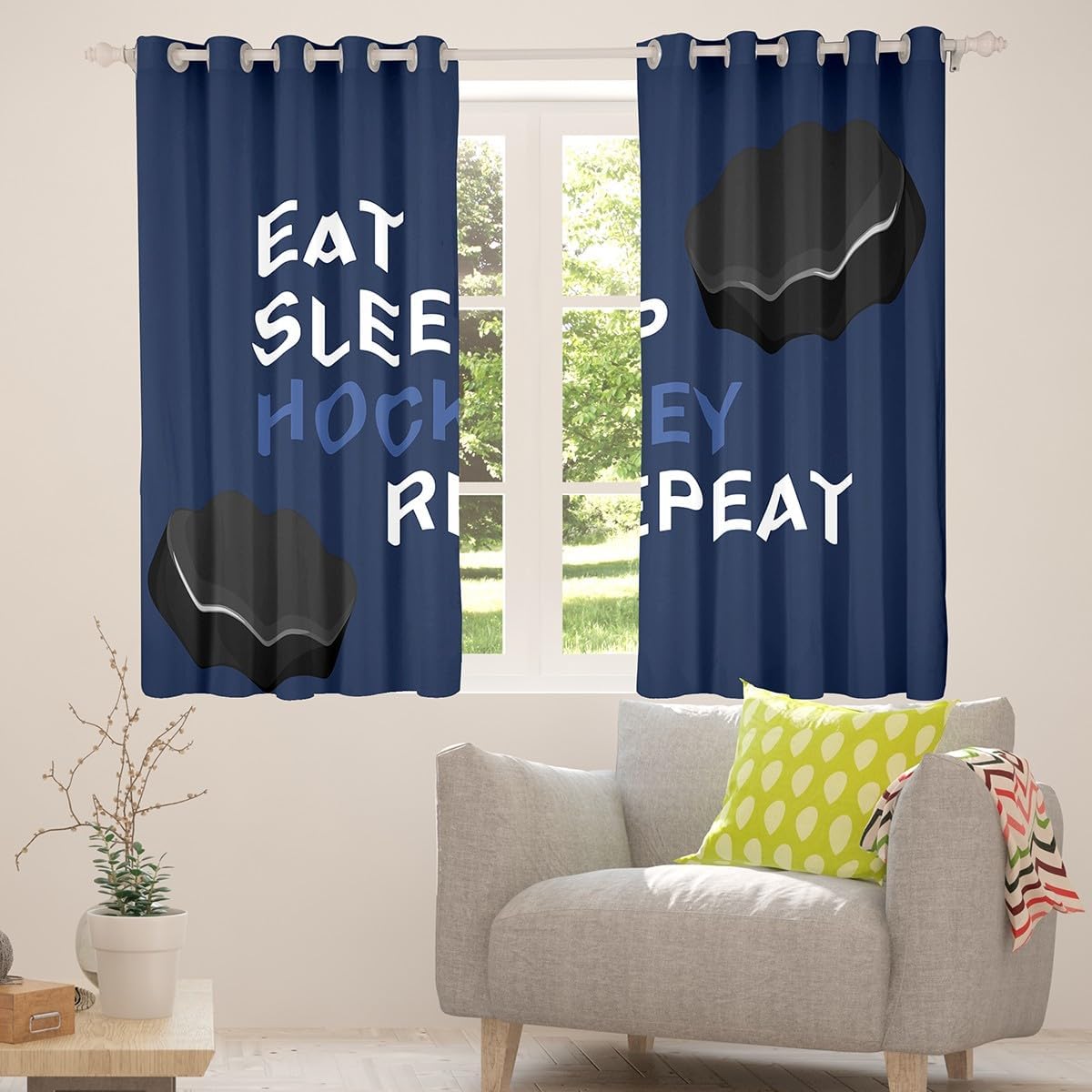 Feelyou Ice Hockeyeat Sleep Hockeypuck Hockey Blackout Curtains for Kids Toddler Winter Sports Window Curtains Sports Games Living Room Window Treatments (2 Panels, 52 x 96 Inch)