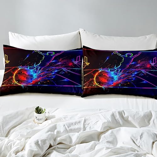 Miniatura 5 de Erosebridal Juego de sábanas de baloncesto tamaño individual 3D para niños, adolescentes, niños, hombres, teñido anudado, fuego y hielo, juego