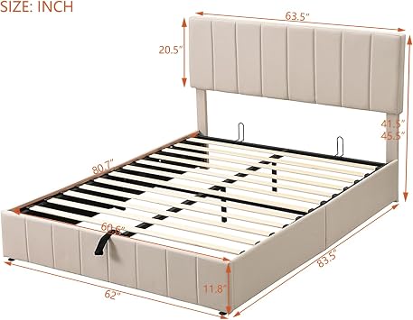 Queen Size Upholstered Platform Bed with Hydraulic Storage - Stylish Beige