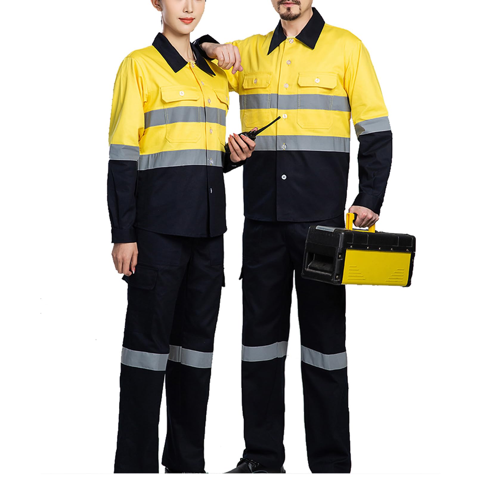 Unisexe Coverall Travail Veste Et Pantalon Costume Avec Bande Réfléchissante, Loose Fit Workwear Manches Longues Coton Travail Salopette